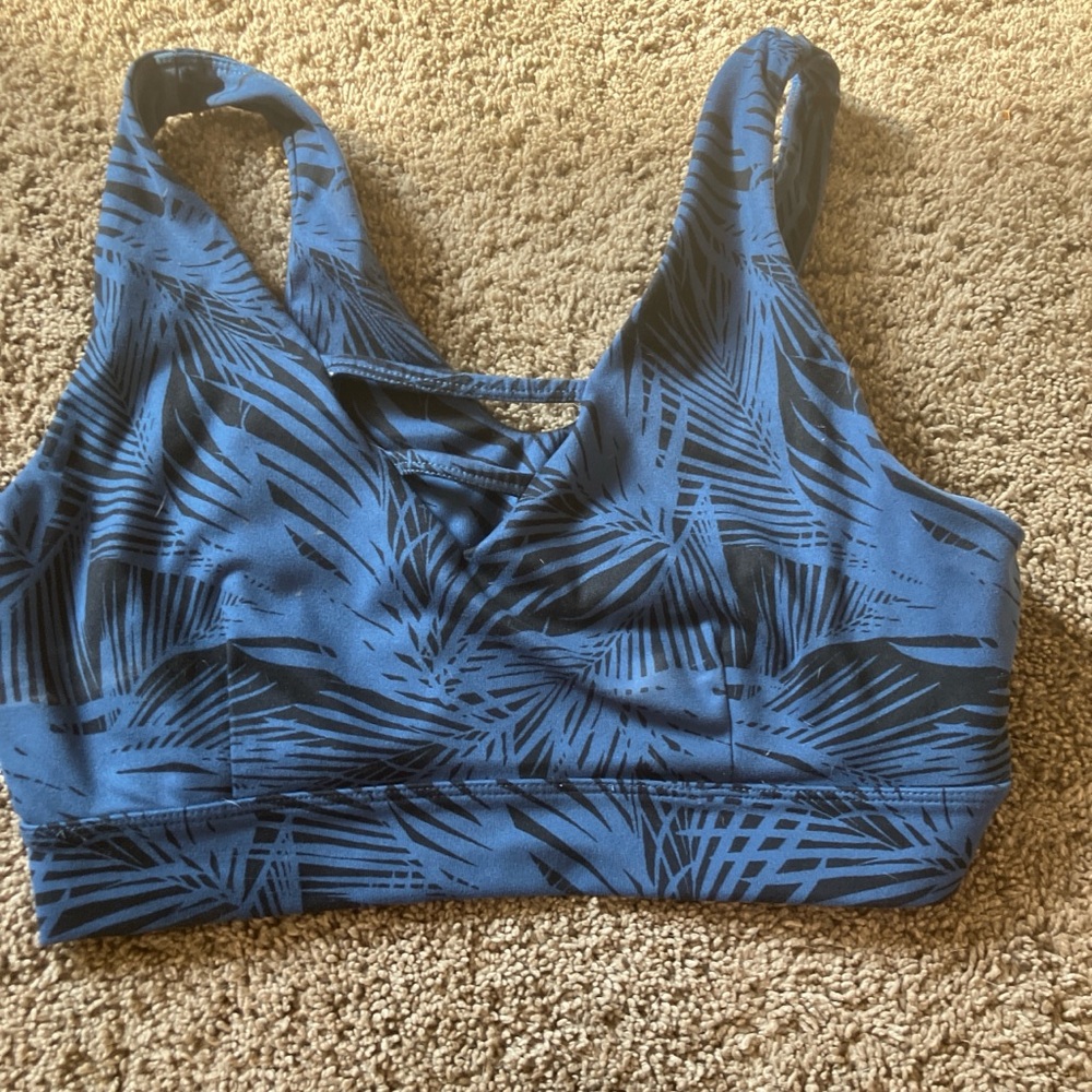 Blue and Black Palm Print Sports Bra